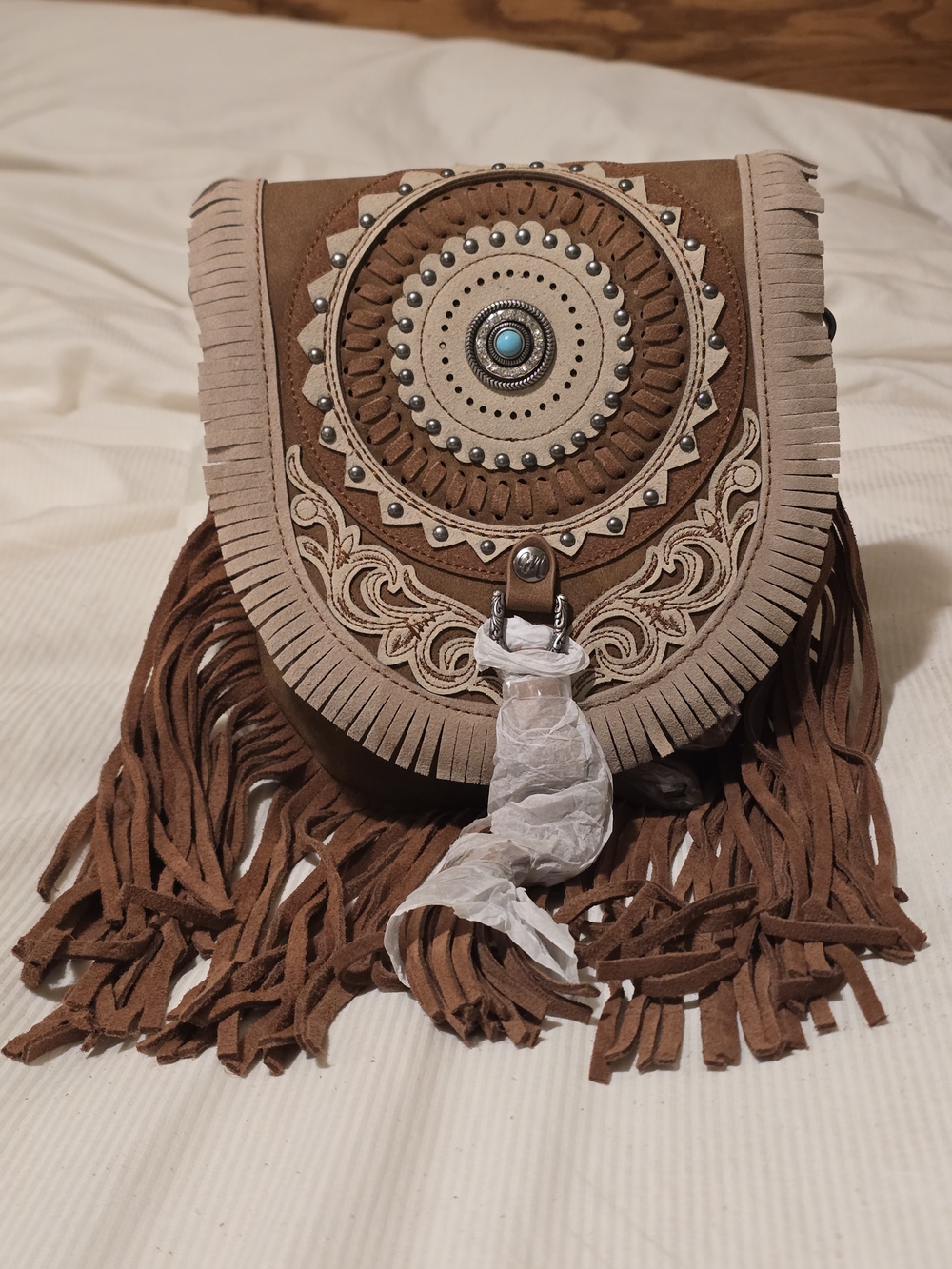 Montana West Brown and Cream Suede Fringe Crossbody with Turquoise Accent